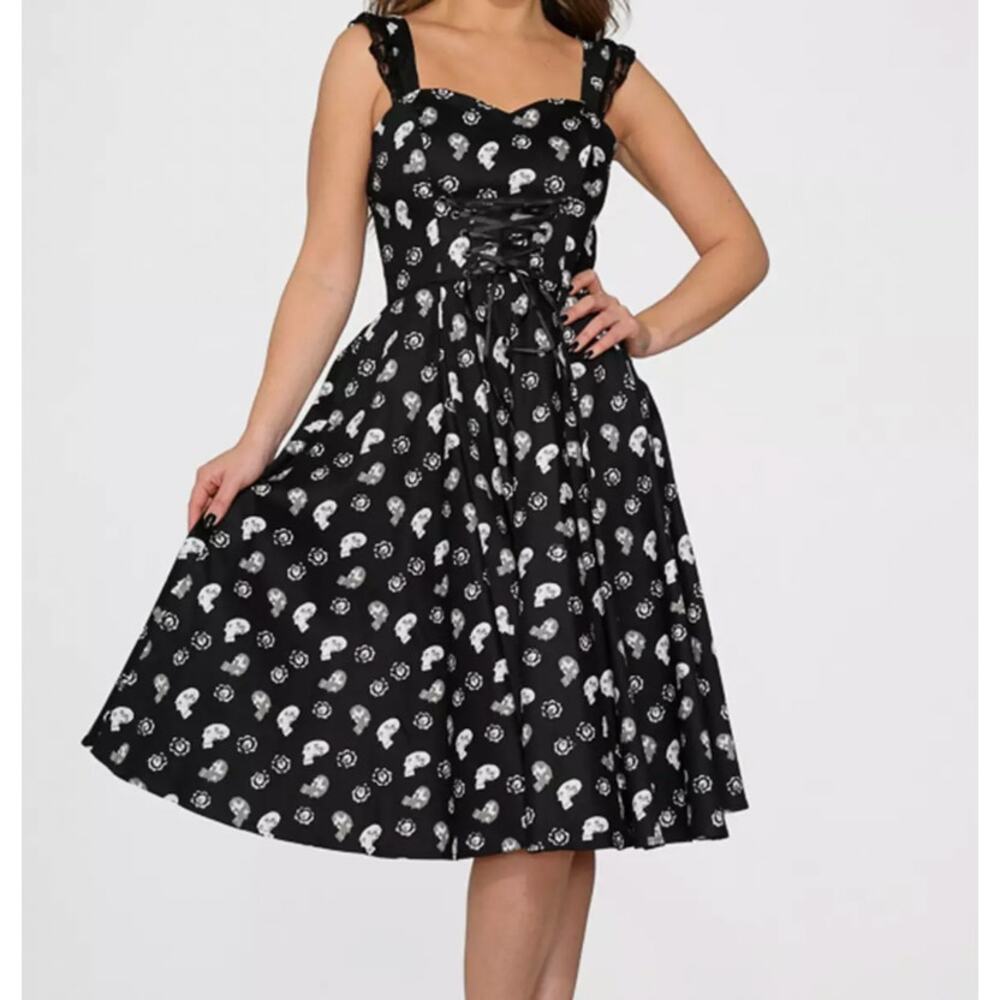 Black & White Skull Print Fit-and-Flare Dress